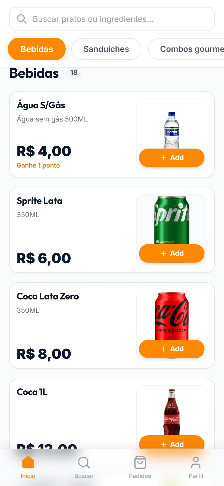 Lista de bebidas com foto e botão de adicionar