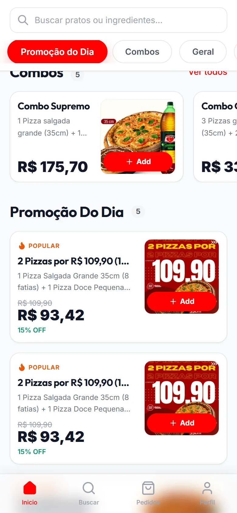 Combos e promoção do dia com preço riscado