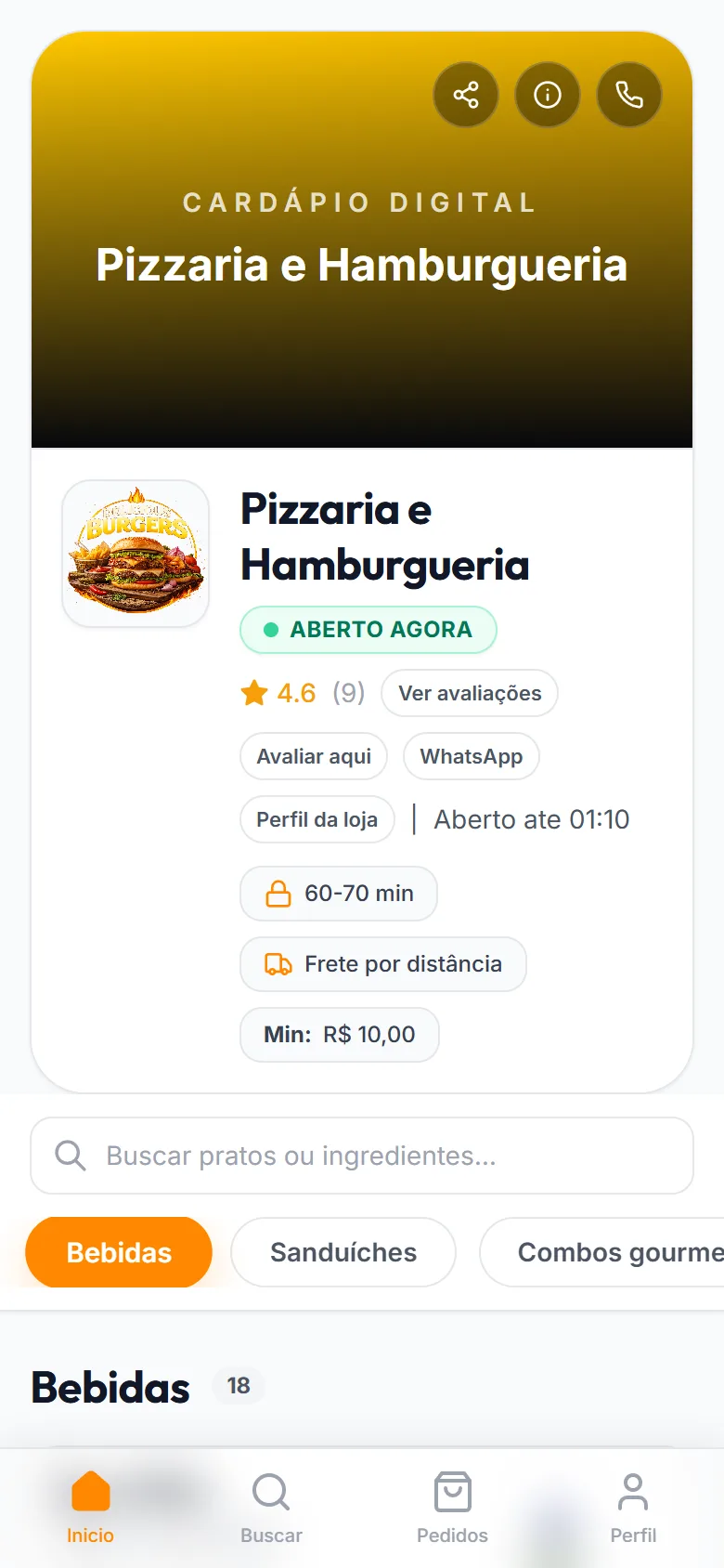 O mesmo cardápio no celular do cliente